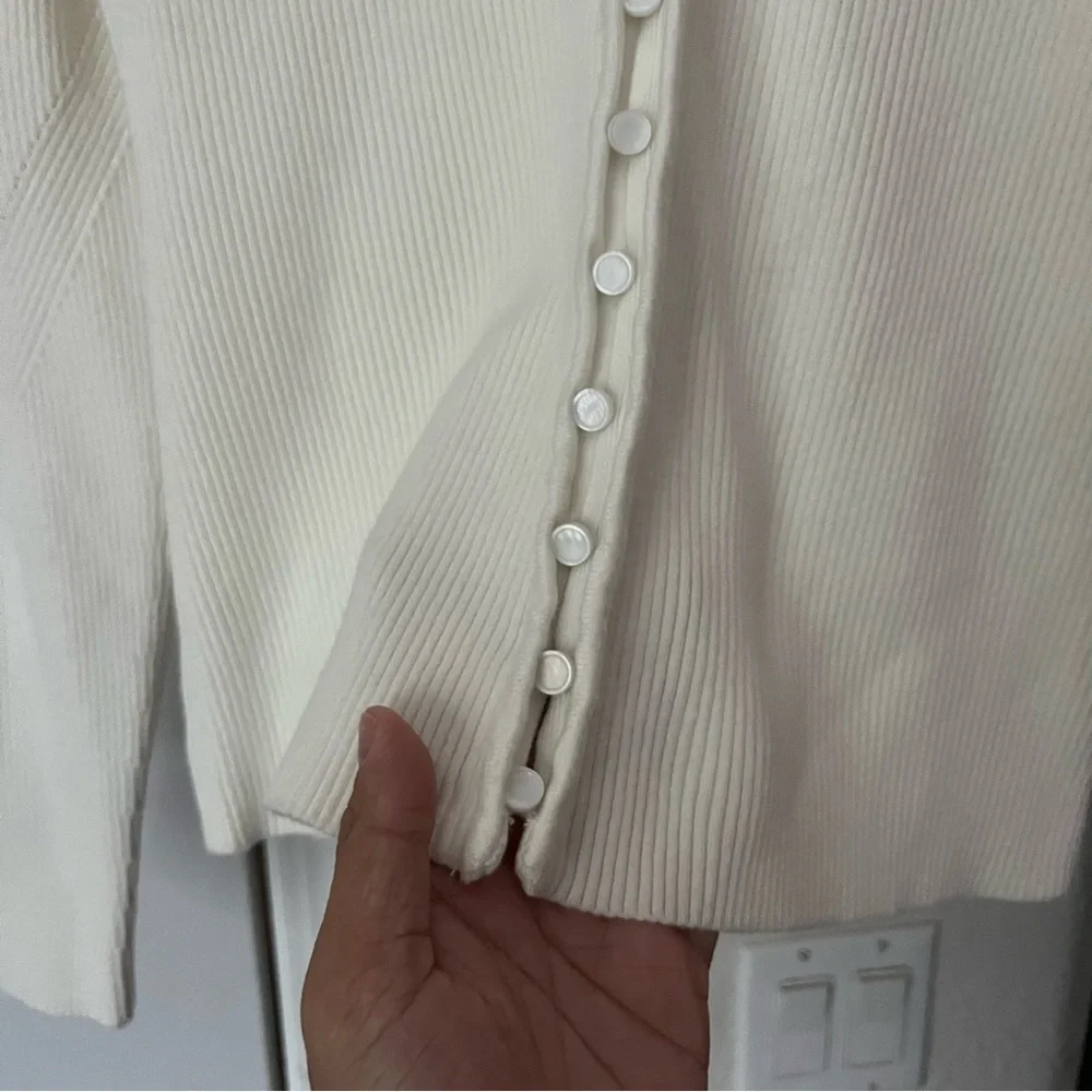 BA&SH white rib knit viscose blend chunky button up puff long sleeve top - Picture 2 of 7